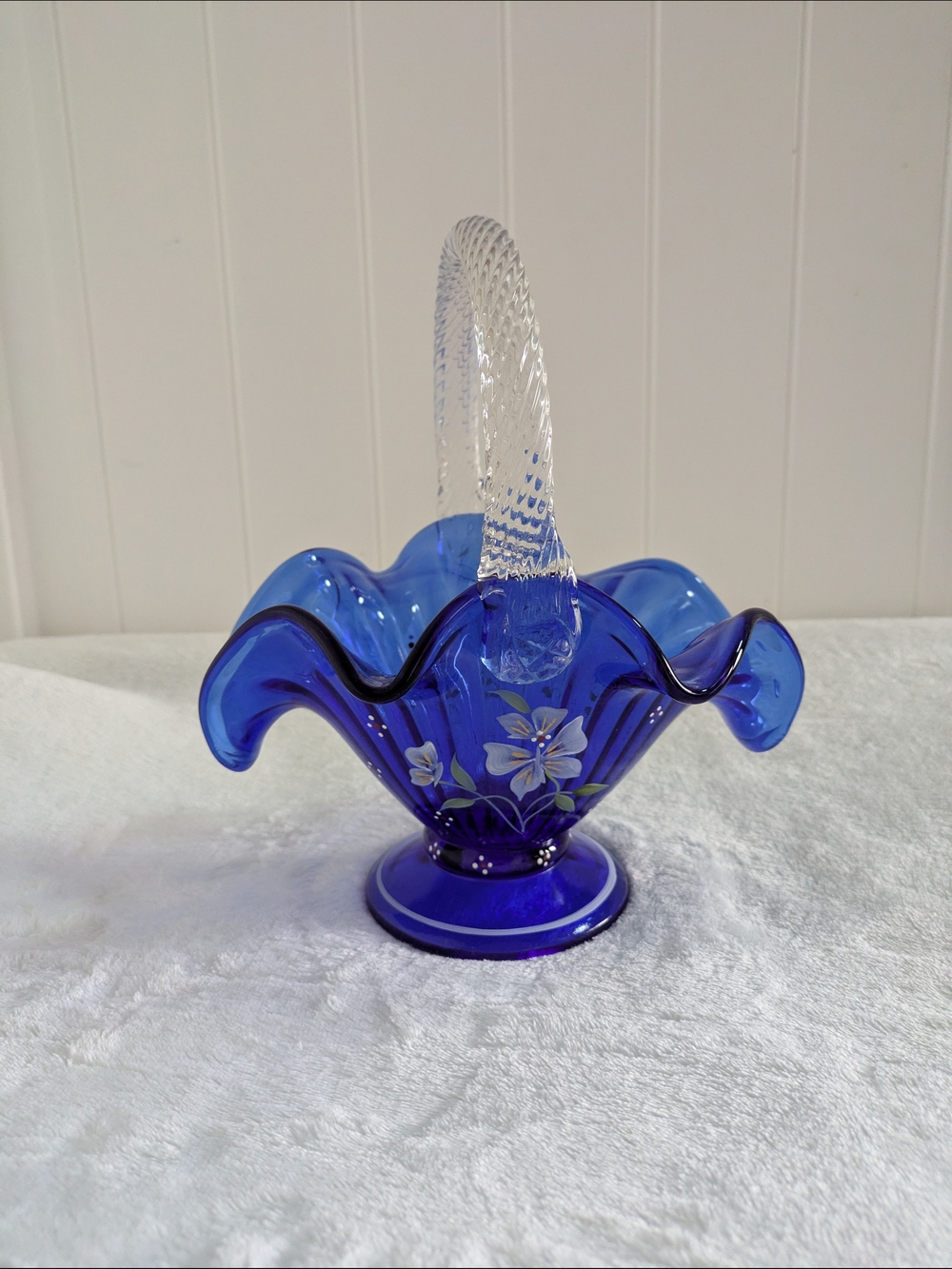 Hand-Painted Cobalt Blue Glass Basket with Clear Twisted Handle